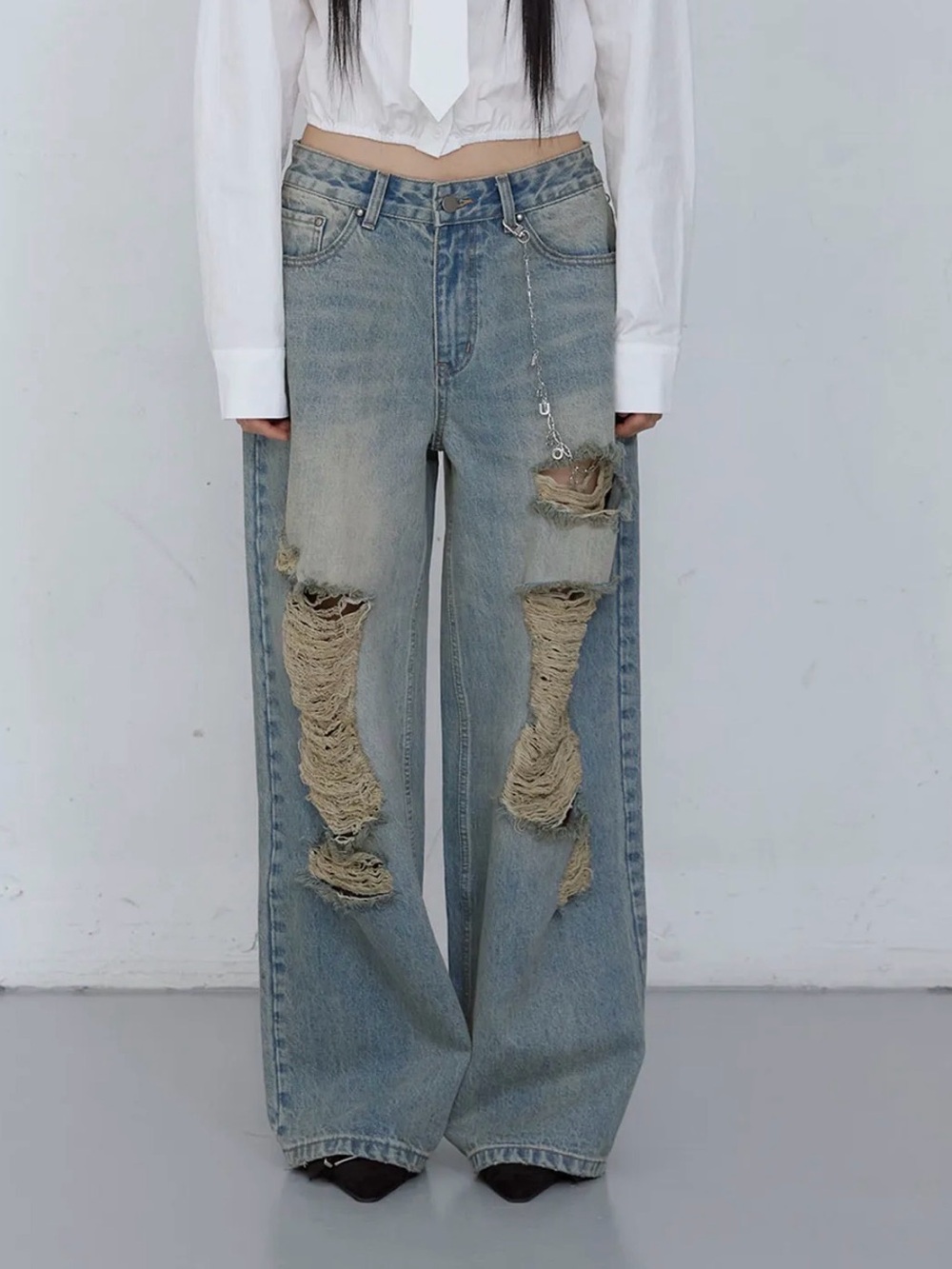 Damage wide leg denim jeans